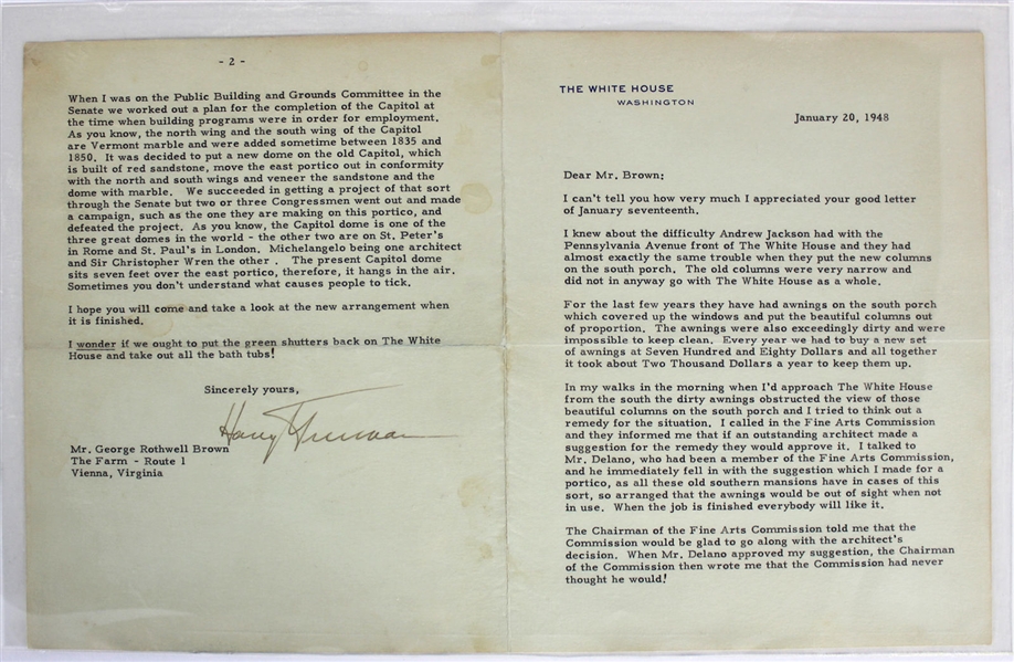 President Harry S. Truman Signed 2-Page Letter w/ White House Reconstruction Content (BAS/Beckett)