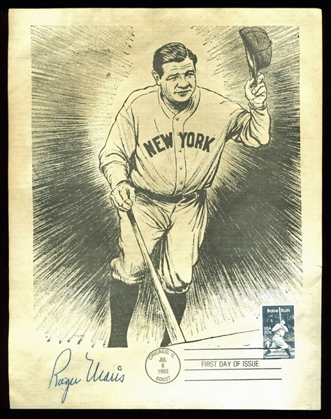 Roger Maris Signed Babe Ruth First Day of Issue Print (JSA)
