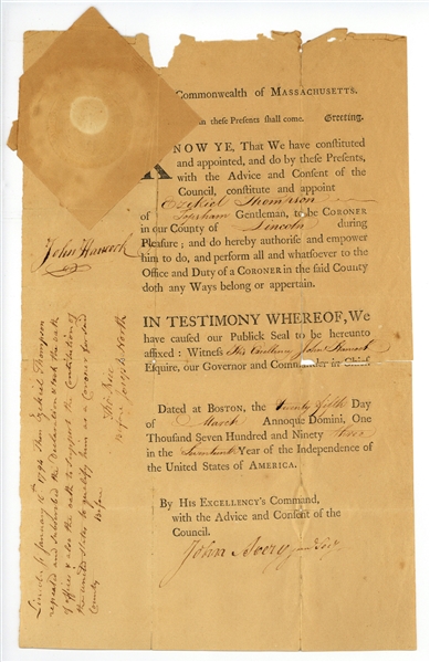 John Hancock Exceptional Signed 1793 Document (Beckett/BAS)