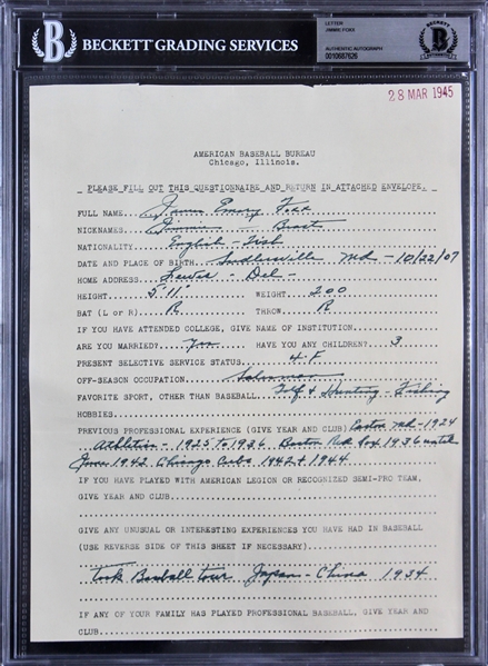 Jimmie Foxx Unique Signed American Baseball Bureau Questionnaire Filled Out in His Hand (BAS/Beckett)