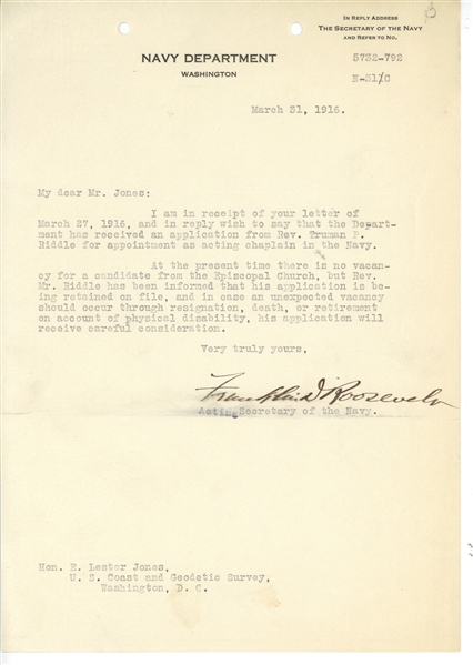 Franklin D. Roosevelt Rare Early 1916 Signed Navy Typed Letter (Beckett/BAS)