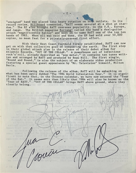 Ratt Group Signed Original 1984 Press Kit Biography Sheet (John Brennan Collection)(Beckett/BAS Guaranteed)
