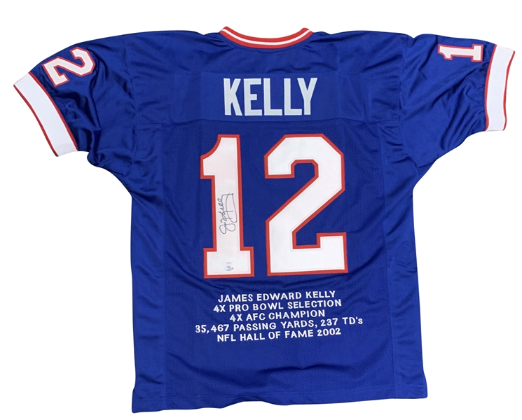 Jim Kelly Signed #12 Embroidered Stat Bills Jersey (JSA)