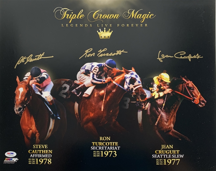 Triple Crown Winners Lot of Two (2) Signed 16" x 20" Photographs w/ Turcotte, Cauthen & Cruget (PSA/DNA & JSA)