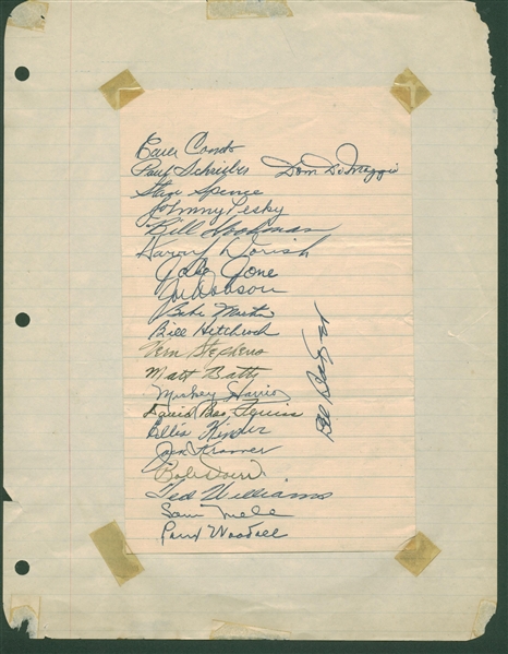 1948 Boston Red Sox Team Signed 5" x 8" Album page w/ Williams, DiMaggio, Pesky & Others! (Beckett/BAS Guaranteed)