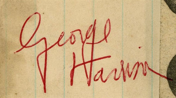 The Beatles: George Harrison Rare Red Ballpoint Signed 1.25" x 2.75" Cut (Beckett/BAS Guaranteed)