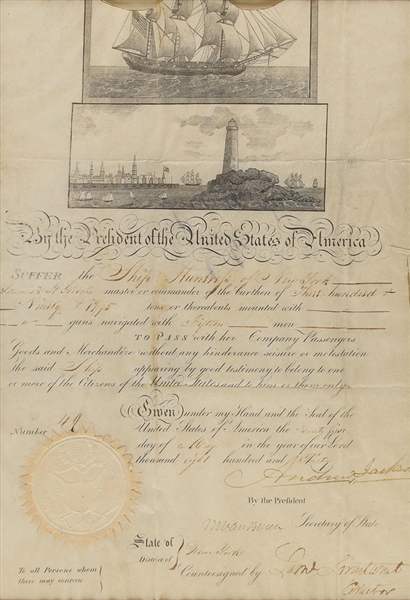 President Andrew Jackson & Martin Van Buren Rare Dual Signed 1830 Ships Pass Document (Beckett/BAS)