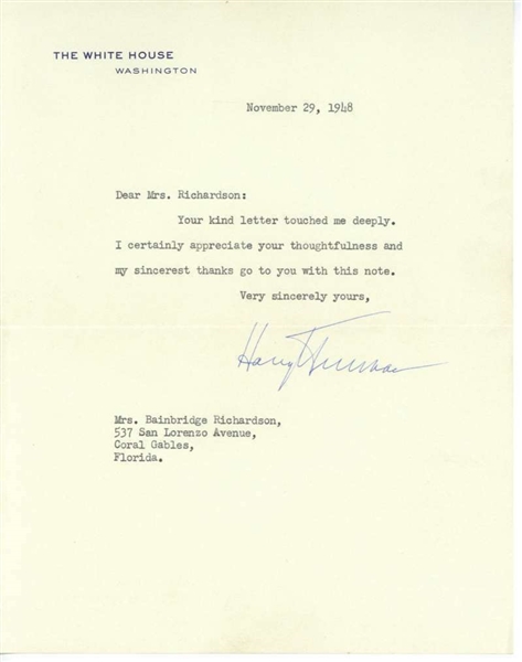 Harry Truman Near-Mint Signed White House Letter as President (1948)(JSA)