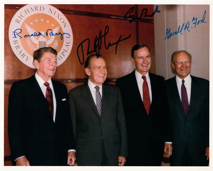 The Four Presidents Signed 8" x 10" Color Photograph w/ Presidents Ford, Nixon, Reagan and Bush Sr. (PSA/DNA)