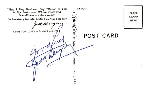 Jack Dempsey Signed 3.5" x 5.5" Postcard from His Restaurant (PSA/DNA LOA)