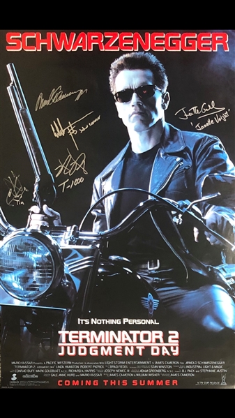 Terminator 2 Cast Signed 27" x 40" Poster with Schwarzenegger, Patrick, Furlong, etc. (5 Sigs)(Beckett/BAS Guaranteed)