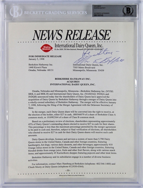 Warren Buffett Signed & Inscribed Press Release For Berkshire Hathaway Aquisition of Dairy Queen! (Beckett/BAS Encapsulated)