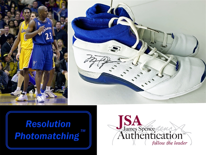 2002 Michael Jordan Signed & Game Worn Washington Wizards Sneakers :: Attributed to 2/12/2002 Game vs. Lakers & Kobe Bryant! (JSA & Photo-Match Resolution)