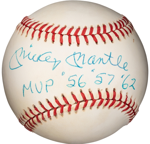  Mickey Mantle Signed OAL Baseball w/ ULTRA-RARE "MVP 56, 57, 62" Inscription (PSA/DNA)