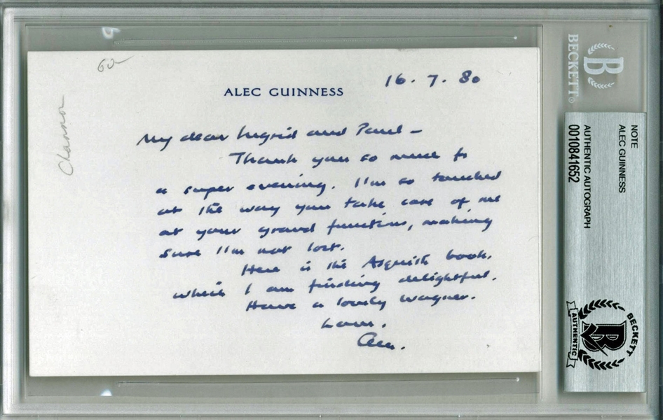 Star Wars: Sir Alec Guinness Rare Vintage Handwritten Thank You Note (Beckett/BAS Encapsulated)
