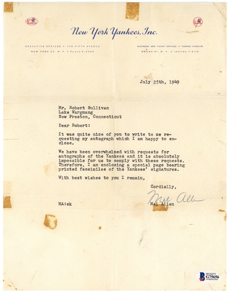 Mel Allen Signed 1949 Letter on New York Yankees Letterhead (Beckett/BAS)