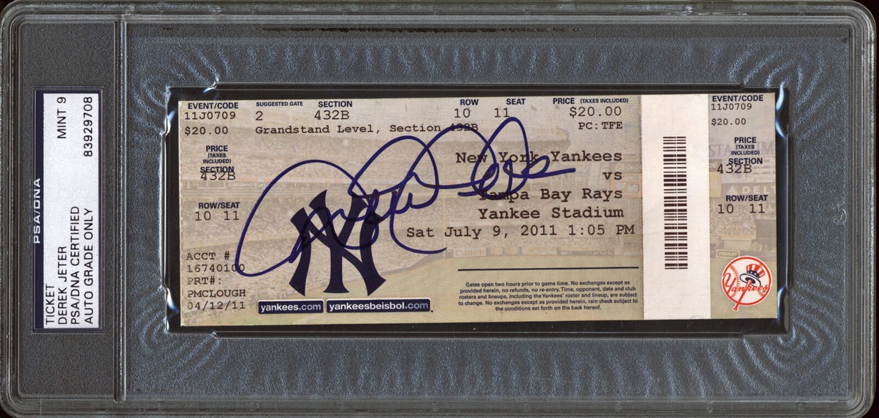 Derek Jeter Desirable Signed Ticket from Jeters 3000th Hit Game! :: PSA/DNA Graded MINT 9 Autograph (PSA/DNA Encapsulated)