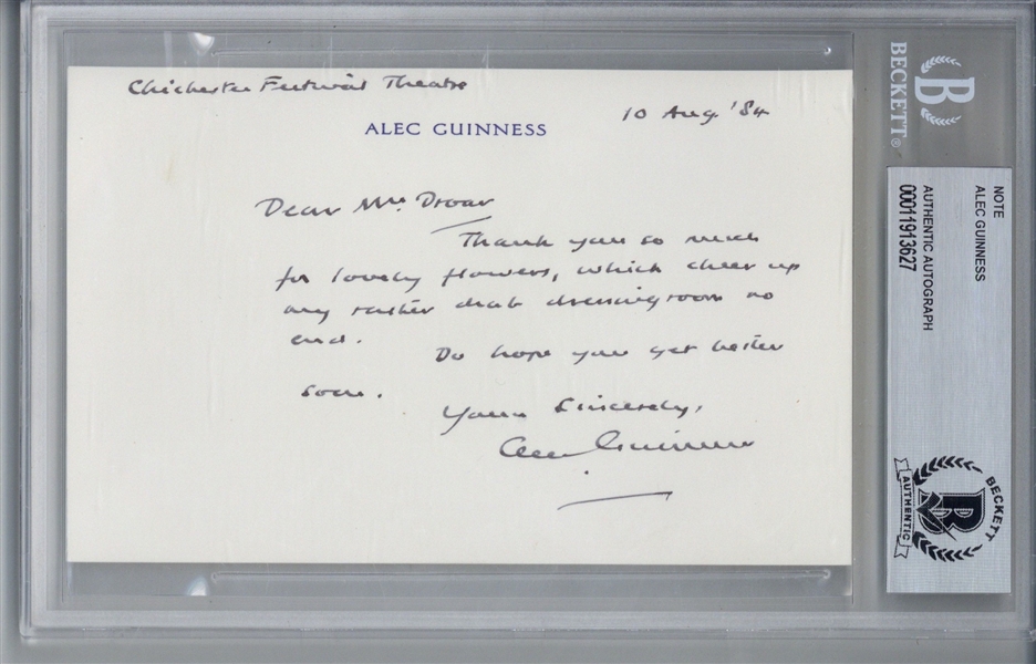 Alec Guinness Signed c. 1984 Hand Written 4.5" x 5.5" Letter (Beckett/BAS Encapsulated)