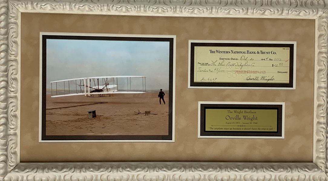 Orville Wright Signed 1944 Bank Check 15" x 26" Framed Display (Beckett/BAS Guaranteed)