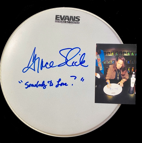 Jefferson Airplane: Grace Slick In-Person Signed Drumhead with "Somebody to Love" Inscription & Exact Photo Proof! (Beckett/BAS Guaranteed)