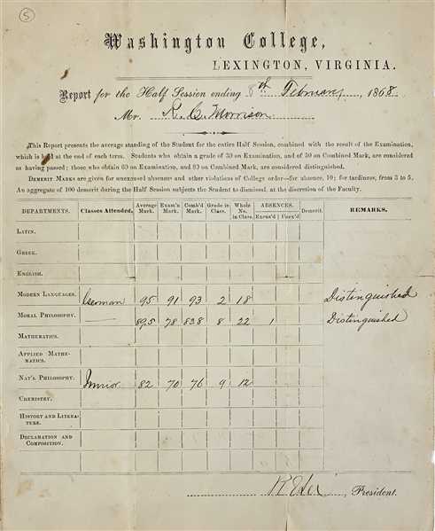 Robert E. Lee Signed Report Card as President of Washington College (PSA/DNA)