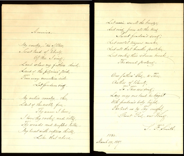 Samuel Francis Smith Handwritten & Signed Lyrics for "America (My Country Tis of Thee)" (BAS/Beckett)
