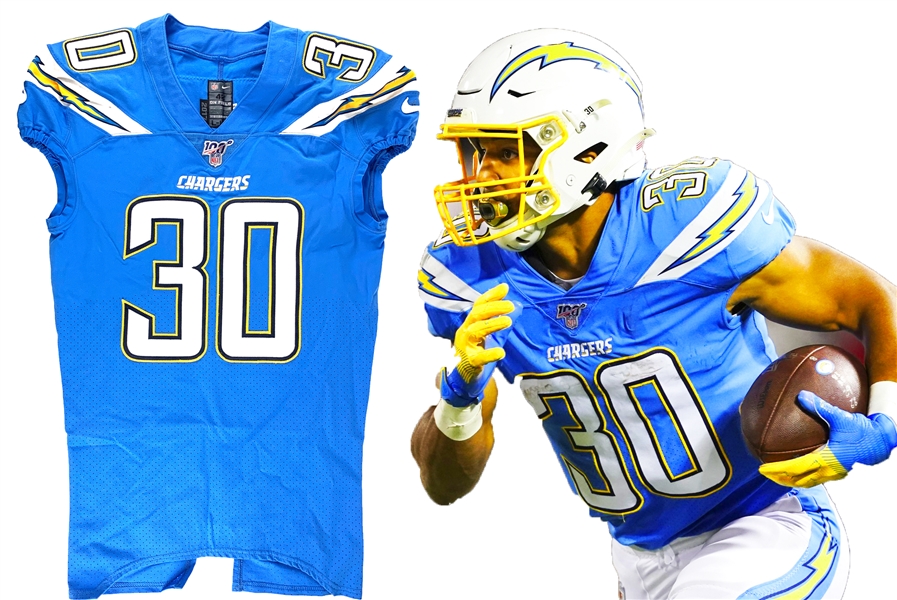 2019 Austin Ekeler Game Used L.A. Chargers Baby Blue Home Jersey :: Multiple Team Repairs :: Sourced Direct from Team (Letter of Provenance)