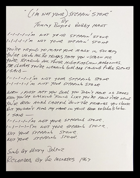 The Monkees: Micky Dolenz Handwritten Lyrics for "Stepping Stone" (Beckett/BAS Guaranteed)