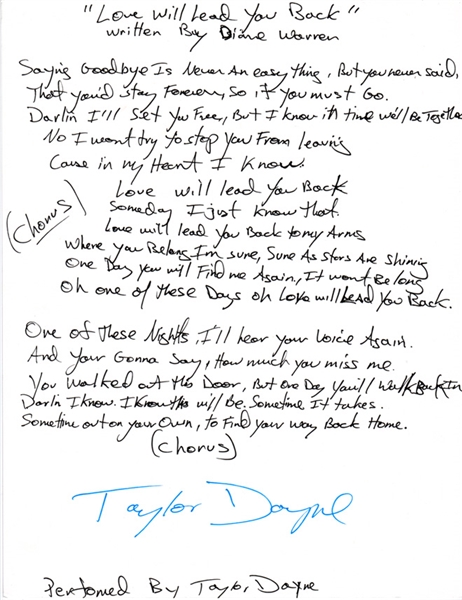 Taylor Dayne Handwritten & Signed Lyrics Sheet for "Love Will Lead You Back" (Beckett/BAS Guaranteed)