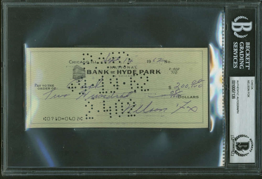 Nellie Fox Rare Signed 1962 Bank Check (Beckett/BAS Encapsulated)