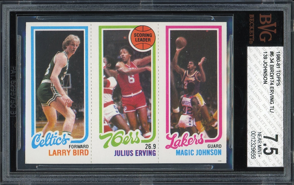 1980-81 Topps Magic Johnson, Larry Bird & Julius Erving Card :: Magic & Bird Rookie :: BVG Graded NM+ 7.5