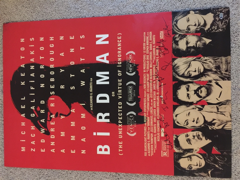 "Birdman" Cast Signed 27" x 40" Double-Sided Movie Poster with Innaritu, Keaton, Stone, etc. (Beckett/BAS LOA)