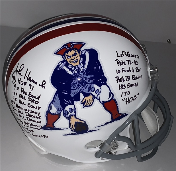 John Hannah Impressive Signed & Career Stat Inscribed Patriots Throwback Full Size Replica Helmet (JSA)