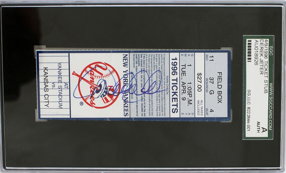 Derek Jeter Signed 1996 Yankees Home Opener Ticket Stub (4/9/96 vs. KC) :: Jeters 1st Yankee Home Opener! (Steiner Hologram & SGC Encapsulated)