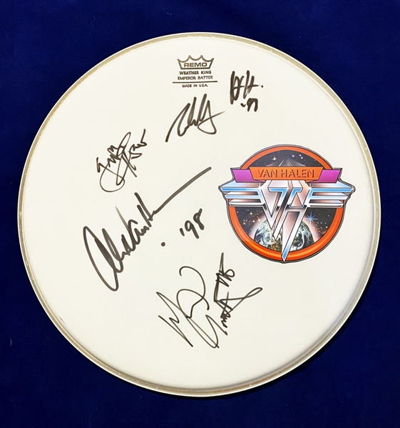 Van Halen Group Signed 13-Inch Remo Drumhead with Eddie, Alex, Michael and Gary Cherone (Beckett/BAS Guaranteed)