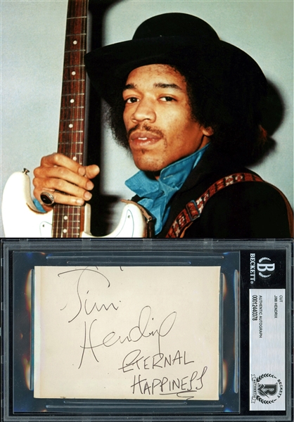 Jimi Hendrix Superbly Signed 3.25" x 4.5" Album Page w/ "Eternal Happiness" Inscription! (Beckett/BAS Encapsulated)