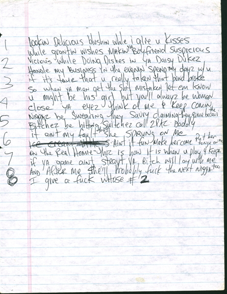 Tupac Shakur Signed & Handwritten "Too Late Playa" Lyrics Featuring 2Pac, Big Daddy Kane, Nutt-So & Danny Boy! (JSA) 