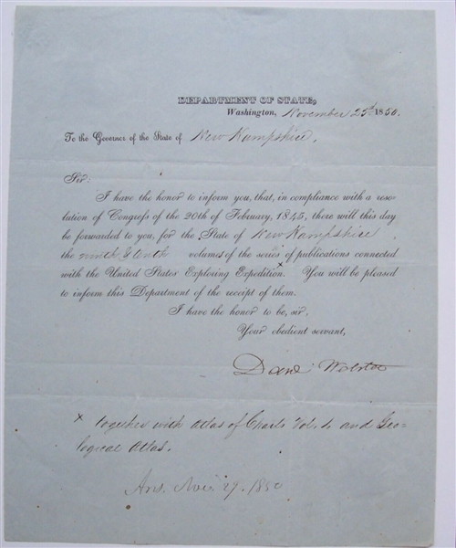 Daniel Webster Near-Mint Signed 1850 Department of State Letter To New Hampshire! (Beckett/BAS)