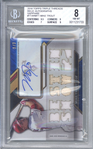Mike Trout Signed 2016 Topps Triple Threads Sapphire /3 - Beckett/BGS NM 8 w/ 10 Auto!