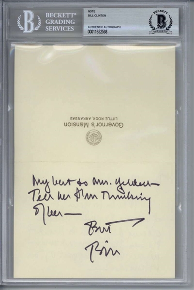 Bill Clinton Signed & Handwritten Note on Governors Mansion Stationary (Beckett/BAS Encapsulated)