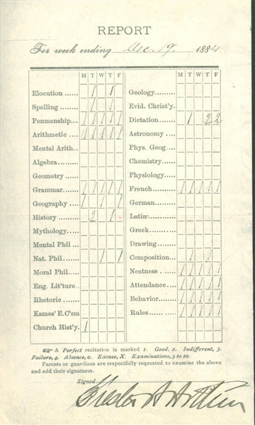 Chester A. Arthur Rare Double Signed 1884 Report Card (Beckett/BAS)