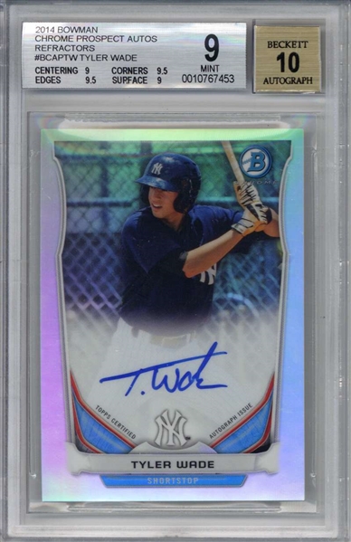 Tyler Wade Signed 2014 Bowman Chrome Prospect Refractors Rookie Card (Beckett/BGS Graded MINT 9 w/ 10 Auto)