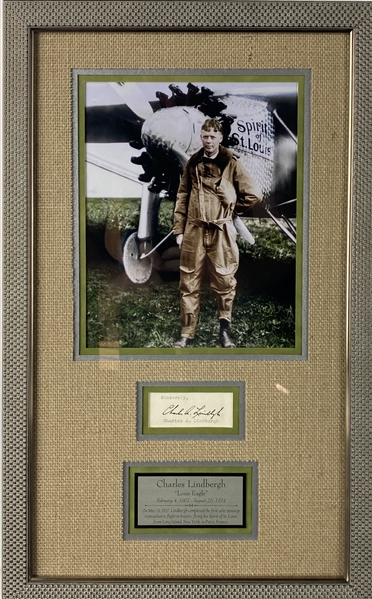 Charles Lindbergh Signed 3.5" x 1.75" Cut Framed Display (JSA)