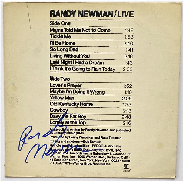 Randy Newman In-Person Signed “Randy Newman Live” Record Album (John Brennan Collection) (Beckett/BAS Guaranteed) 