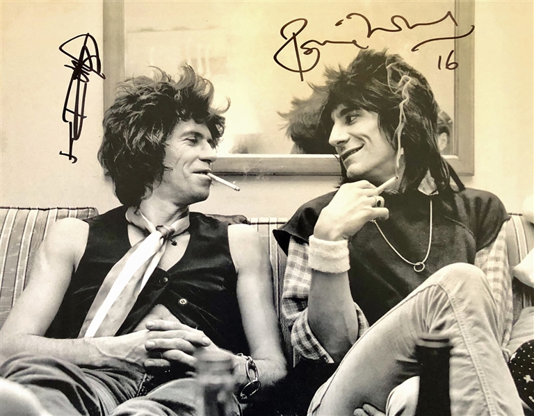 The Rolling Stones: Keith Richards & Ronnie Wood Dual Signed 11" x 14" B&W Photo (Beckett/BAS Guaranteed)