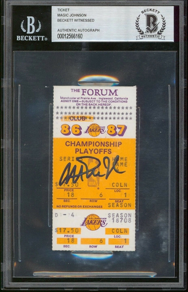Magic Johnson Signed 1986-87 NBA Finals Ticket Stub :: Lakers vs. Celtics Game 4 :: Lakers Win (Beckett/BAS Encapsulated)