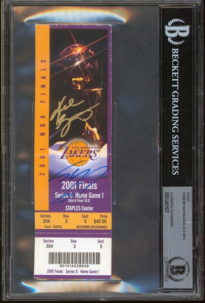 Kobe Bryant & Shaquille ONeal Dual Signed 2001 NBA Finals Full Game 1 Ticket (Beckett/BAS Encapsulated & Panini COA) 