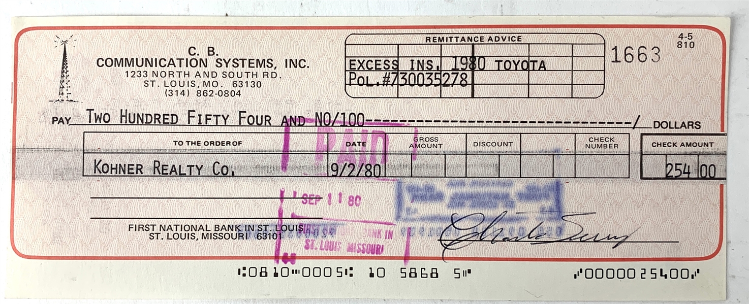 Chuck Berry Signed 1980 Business Bank Check with Uncommon "Charles Berry" Signature (Beckett/BAS COA)