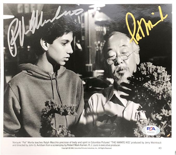 The Karate Kid: Pat Morita & Ralph Macchio Signed 8" x 10" B&W Publicity Photo (PSA/DNA LOA)