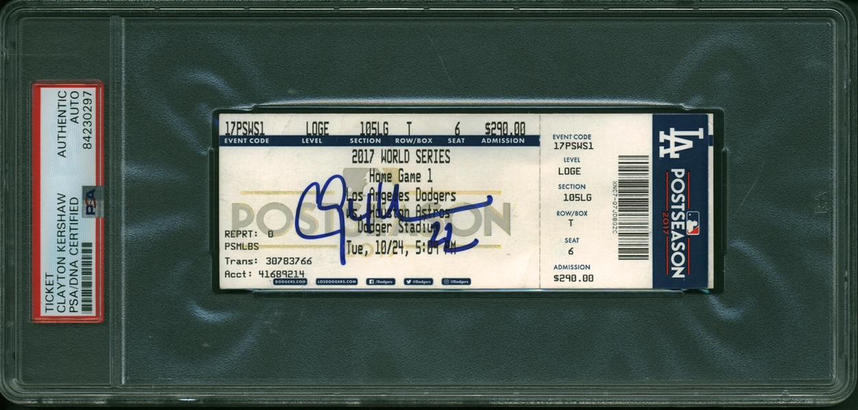 Clayton Kershaw Signed 2017 World Series Game 1 Ticket - First World Series Win! (PSA/DNA Encapsulated)